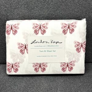 London Kaye TWIN XL Sheet Set White Pink Butterfly 4pc